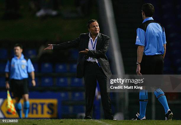 Jets coach Branco Culina argues with the fourth official during the round eight A-League match between the Newcastle Jets and the Perth Glory at...