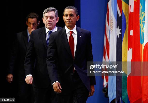 President Barack Obama , British Prime Minister Gordon Brown , and French President Nicolas Sarkozy arrive for a statement on Iran at the Lawrence...