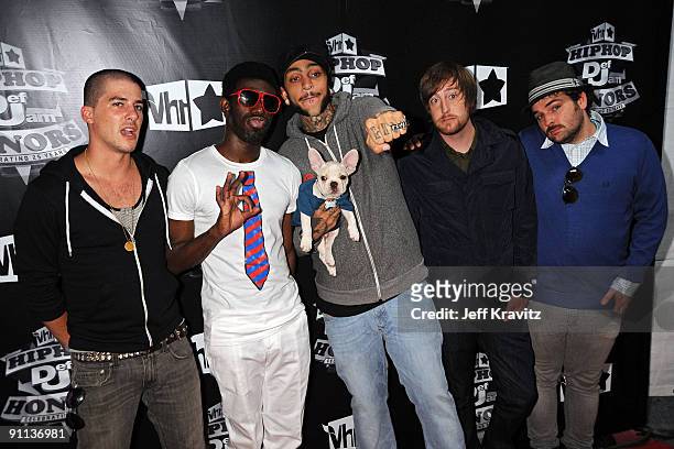 Eric Roberts, Disashi Lumumba-Kasongo, Travis McCoy, Matt McGinley and Tyler Pursel of Gym Class Heroes attend the 2009 VH1 Hip Hop Honors at the...