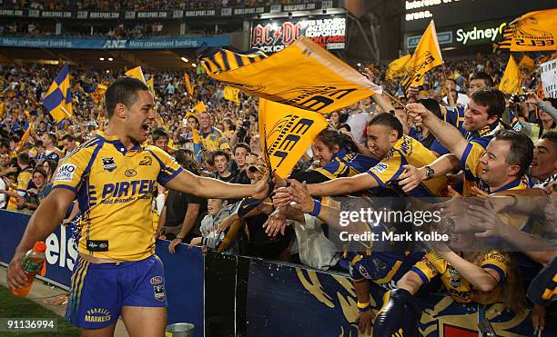 Jarryd Hayne of the Eels celebrates with the crowd after the Eels' victory in the first NRL Preliminary Final match between the Bulldogs and the...