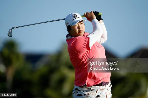 Shanshan Feng of China hits her tee shot on the 5th hole during the second round of the Pure Silk Bahamas LPGA Classic at the Ocean Club Golf Course...