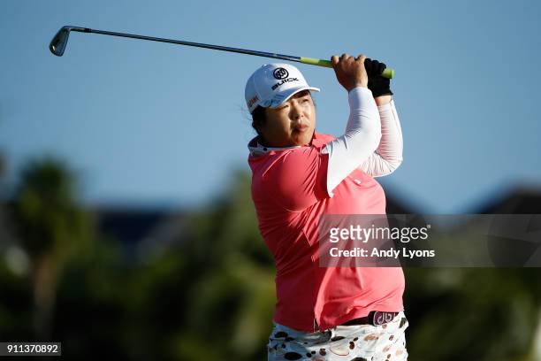 Shanshan Feng of China hits her tee shot on the 5th hole during the second round of the Pure Silk Bahamas LPGA Classic at the Ocean Club Golf Course...