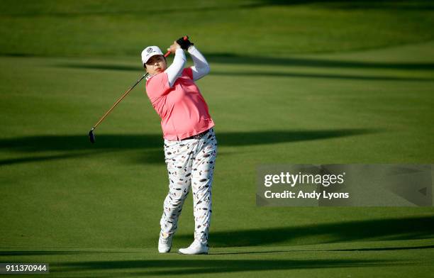 Shanshan Feng of China hits second shot on the 7th hole during the second round of the Pure Silk Bahamas LPGA Classic at the Ocean Club Golf Course...