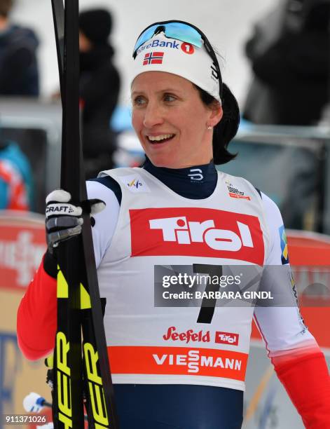 Marit Bjoergen of Norway reacts after the Ladies FIS Cross Country 10 km Mass Start World Cup on January 28, 2018 in Seefeld, Austria. / AFP PHOTO /...