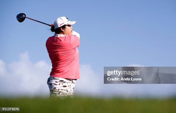 Shanshan Feng of China hits her tee shot on the 8th hole during the second round of the Pure Silk Bahamas LPGA Classic at the Ocean Club Golf Course...