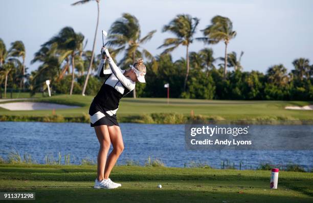 Nelly Korda hits her tee shot on the 3rd hole during the second round of the Pure Silk Bahamas LPGA Classic at the Ocean Club Golf Course on January...