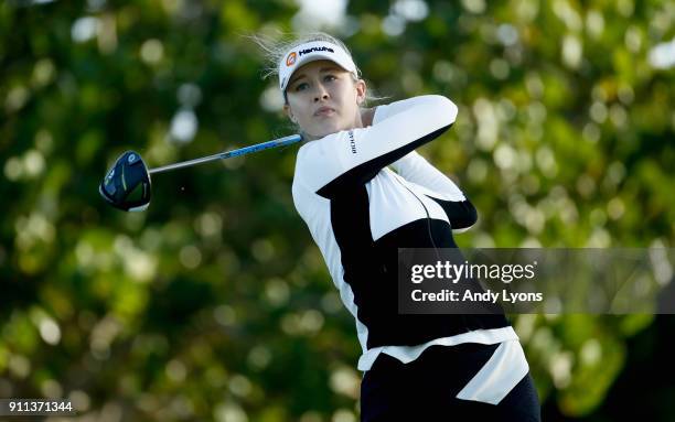 Nelly Korda hits her tee shot on the 4th hole during the second round of the Pure Silk Bahamas LPGA Classic at the Ocean Club Golf Course on January...