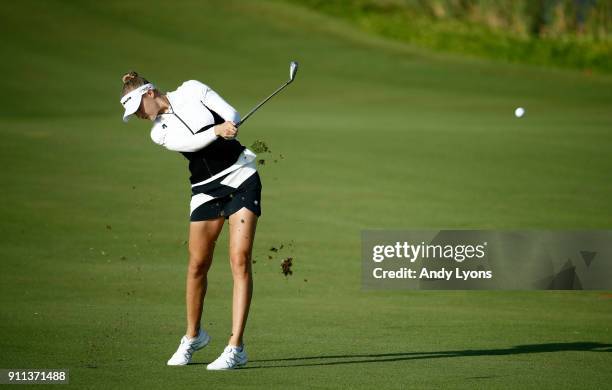 Nelly Korda hits her second shot on the 7th hole during the second round of the Pure Silk Bahamas LPGA Classic at the Ocean Club Golf Course on...