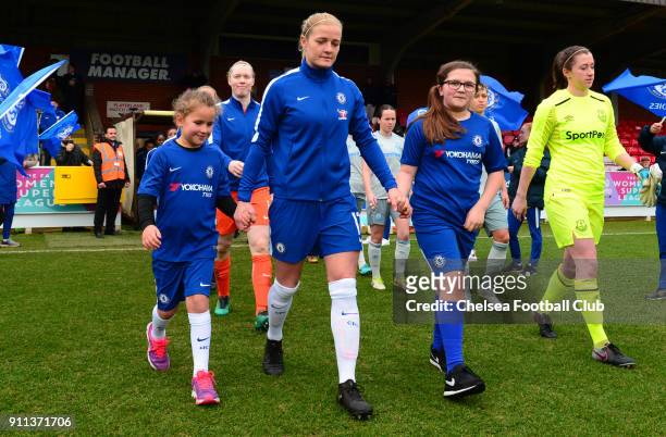 Katie Chapman of Chelsea leads out the blues during a WSL match between Chelsea Ladies and Everton Ladies at The Cherry Red Records Stadium on...