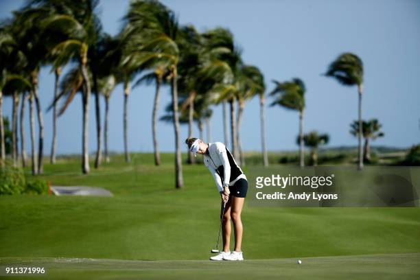 Nelly Korda putts for par on the 9th hole during the second round of the Pure Silk Bahamas LPGA Classic at the Ocean Club Golf Course on January 28,...