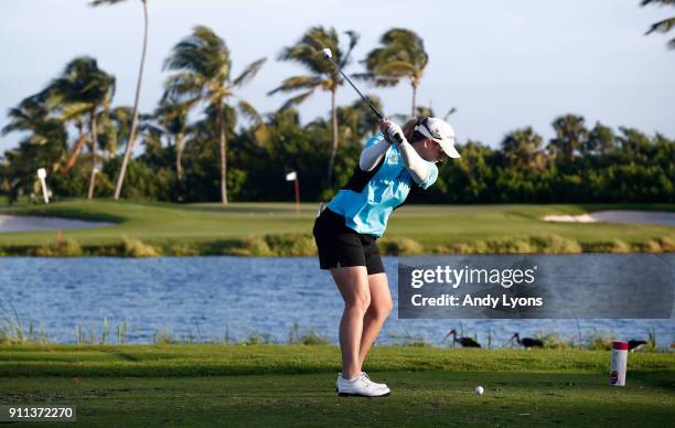 Brittany Lincicome hits her tee shot on the 3rd hole during the second round of the Pure Silk Bahamas LPGA Classic at the Ocean Club Golf Course on...