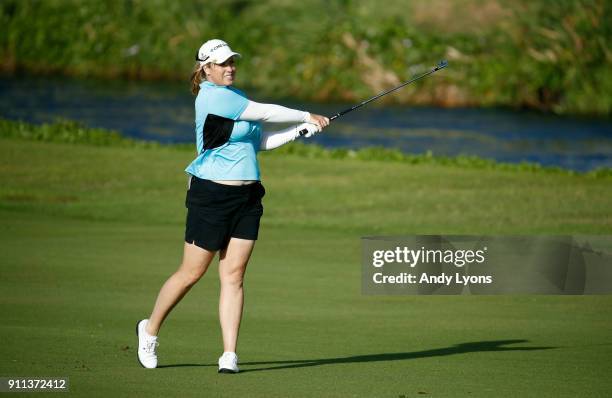 Brittany Lincicome hits her second shot on the 7th hole during the second round of the Pure Silk Bahamas LPGA Classic at the Ocean Club Golf Course...