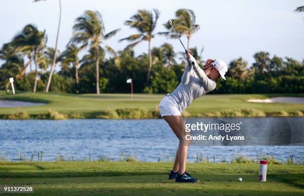 Michelle Wie hits her tee shot on the 3rd hole during the second round of the Pure Silk Bahamas LPGA Classic at the Ocean Club Golf Course on January...