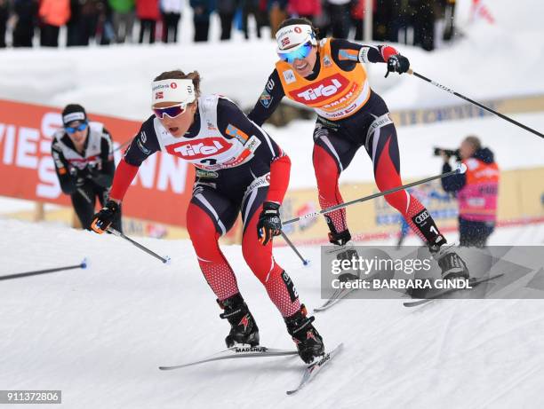 Nathalie Von Siebenthal of Switzerland, Ingvild Flugstad Oestberg of Norway, Heidi Weng of Norway compete during the Ladies FIS Cross Country 10 km...