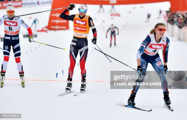 Ragnhild Haga of Norway, Heidi Weng of Norway and Jessica Diggins of the USA compete during the Ladies FIS Cross Country 10 km Mass Start World Cup...