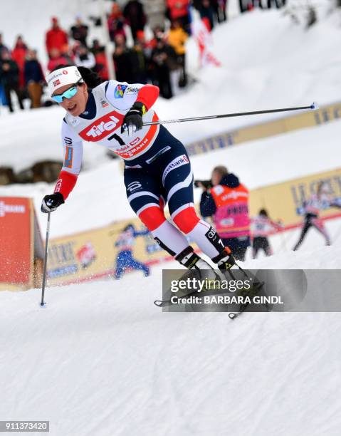 Marit Bjoergen of Norway competes during the Ladies FIS Cross Country 10 km Mass Start World Cup on January 28, 2018 in Seefeld, Austria. / AFP PHOTO...