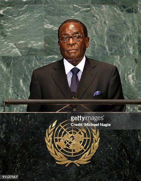 President of Zimbabwe Robert Mugabe addresses the United Nations General Assembly at the UN headquarters on September 25, 2009 in New York City. The...
