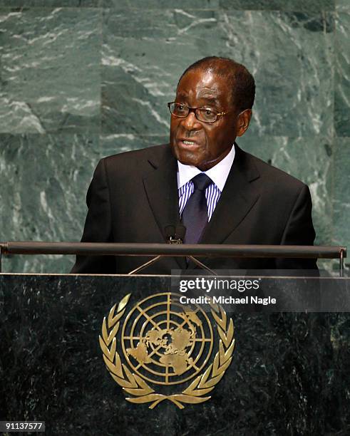 President of Zimbabwe Robert Mugabe addresses the United Nations General Assembly at the UN headquarters on September 25, 2009 in New York City. The...