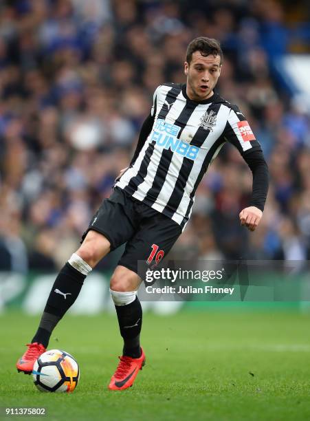 Javi Manquillo of Newcastle United in action during The Emirates FA Cup Fourth Round match between Chelsea and Newcastle on January 28, 2018 in...