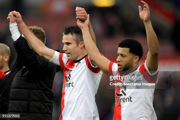 Nicolai Jorgensen of Feyenoord, Robin van Persie of Feyenoord, Tonny Vilhena of Feyenoord celebrates the victory during the Dutch Eredivisie match...
