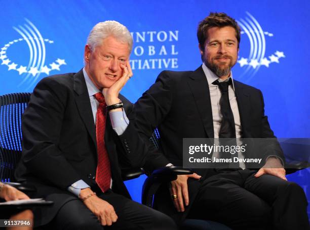 Former President Bill Clinton and actor Brad Pitt host an infrastructure special session during the 2009 Clinton Global Initiative at the Sheraton...