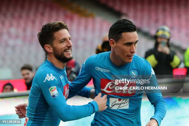 Napoli's forward from Belgium Dries Mertens celebrates with teammate Napoli's midfielder from Spain Jose Maria Callejon after scoring during the...
