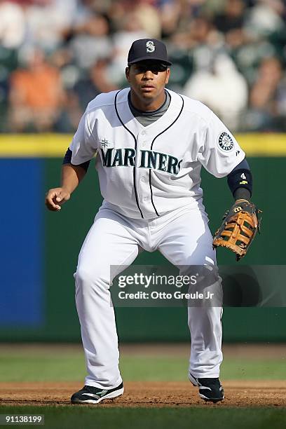 Jose Lopez of the Seattle Mariners gets ready infield during the game against the Chicago White Sox on September 17, 2009 at Safeco Field in Seattle,...