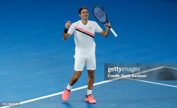 Roger Federer of Switzerland celebrates winning championship point in his men's singles final match against Marin Cilic of Croatia on day 14 of the...