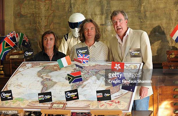 Richard Hammond, James May and Jeremy Clarkson attend photocall to launch Top Gear's World Tour on September 25, 2009 in London, England.