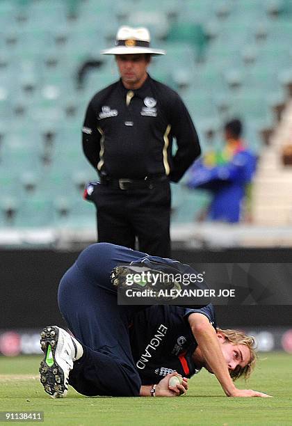 England bowler Stuart Broad tries to catch out unseen Sri Lankan batsman Thilina Kandamby during The ICC Champions Trophy match between England vs...