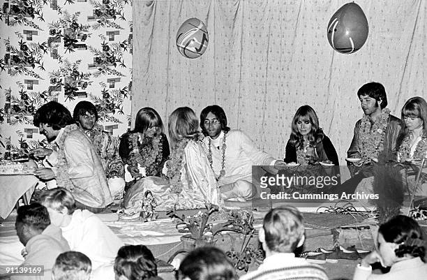 Photo of BEATLES; George Harrison, Ringo Starr, John lennon & Paul McCartney with actress Jane Asher, Maureen Starkey and Pattie Boyd at a party to...