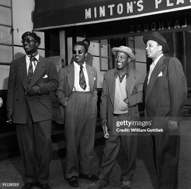 Photo of Thelonious MONK and MINTONS and JAZZ CLUBS and Howard McGHEE; Thelonious Monk, Howard McGhee, Roy Eldridge, Teddy Hill posed outside...