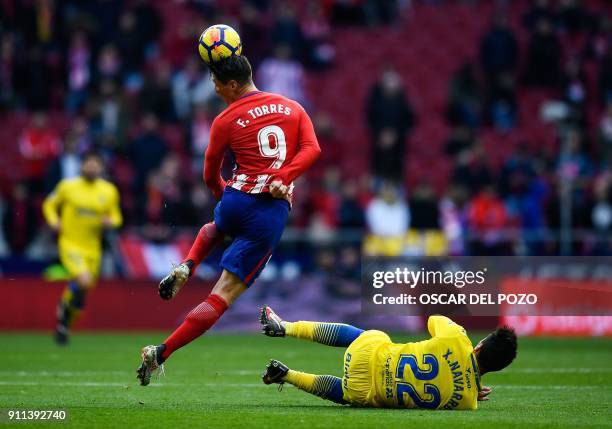 Atletico Madrid's Spanish forward Fernando Torres vies with Las Palmas's defender Ximo Navarro during the Spanish league football match between Club...