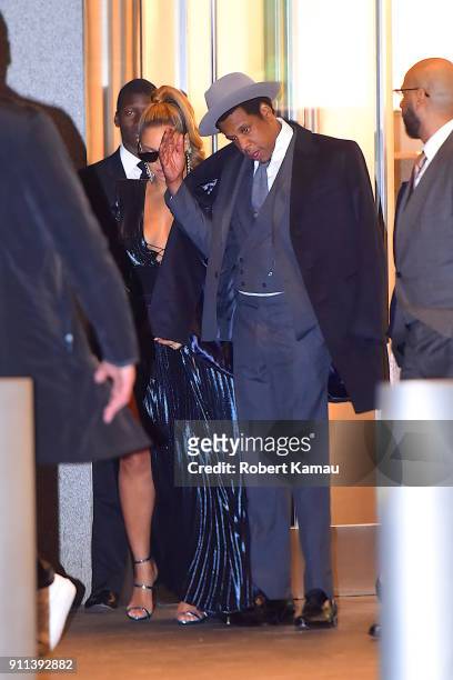 Jay-Z and Beyonce seen leaving The World Trade Center in Manhattan on January 27, 2018 in New York City.