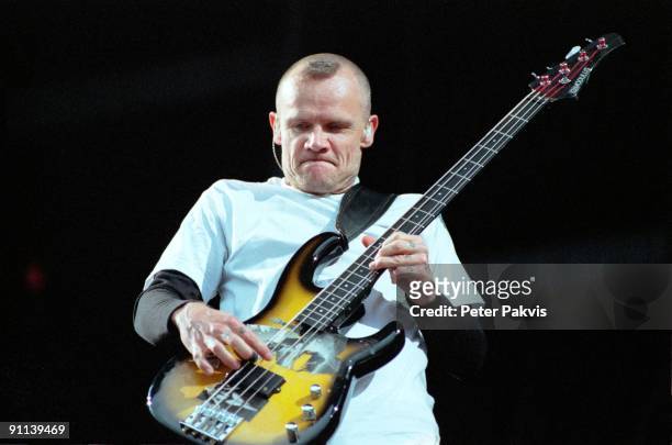 Photo of RED HOT CHILI PEPPERS, The Red Hot Chili Peppers, De Goffert, Nijmegen, Nederland, 24 juni 2007, Pop, op het gezicht van bassist Flea zijn...