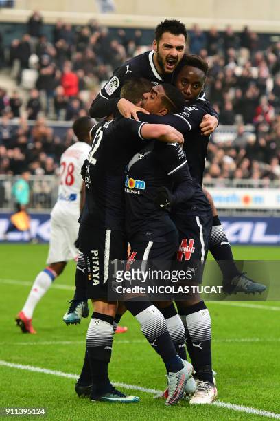 Bordeaux's celebrate after scoring a goal during the French Ligue 1 football match between Bordeaux and Lyon on January 28, 2018 at the Matmut...