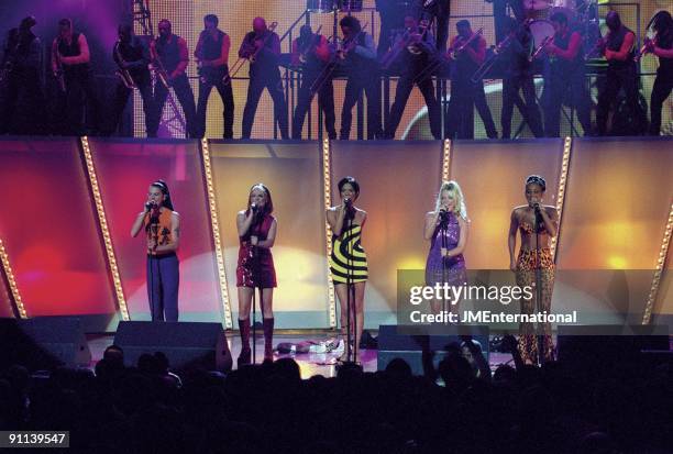 Photo of SPICE GIRLS, Group performing live on stage L-R Melanie Chisholm , Geri Halliwell, Victoria Adams , Emma Bunton and Melanie Brown