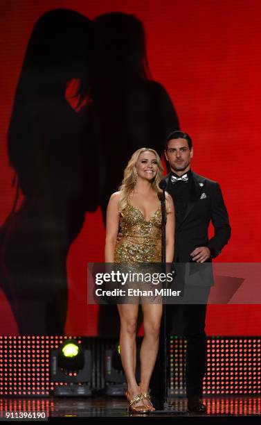 Adult film actress Mia Malkova and adult film actor Ryan Driller present an award during the 2018 Adult Video News Awards at The Joint inside the...