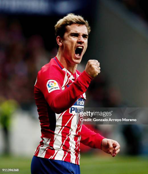 Antoine Griezmann of Atletico de Madrid celebrates scoring their opening goal during the La Liga match between Club Atletico Madrid and UD Las Palmas...