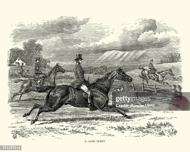 victorian fox hunting party riding across countryside - the hunt stock illustrations