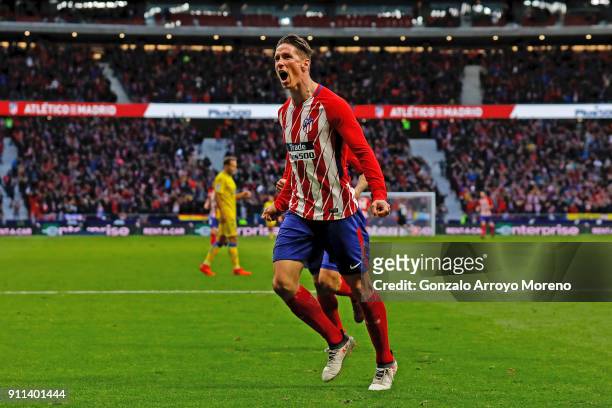Fernando Torres of Atletico de Madrid celebrates scoring their second goal during the La Liga match between Club Atletico Madrid and UD Las Palmas at...