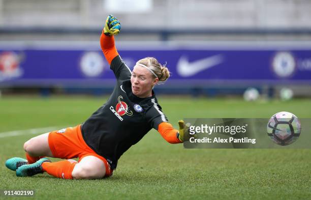 Hedvig Lindahl of Chelsea warms up during the WSL match between Chelsea Ladies and Everton Ladies at The Cherry Red Records Stadium on January 28,...