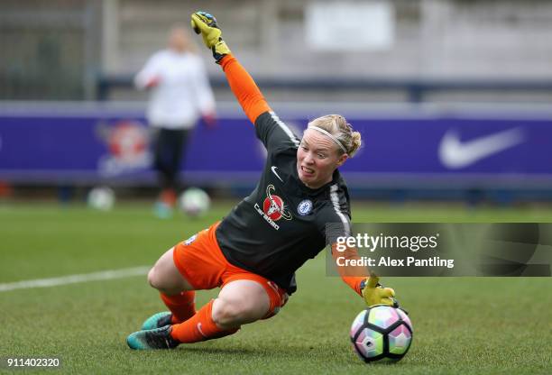 Hedvig Lindahl of Chelsea warms up during the WSL match between Chelsea Ladies and Everton Ladies at The Cherry Red Records Stadium on January 28,...