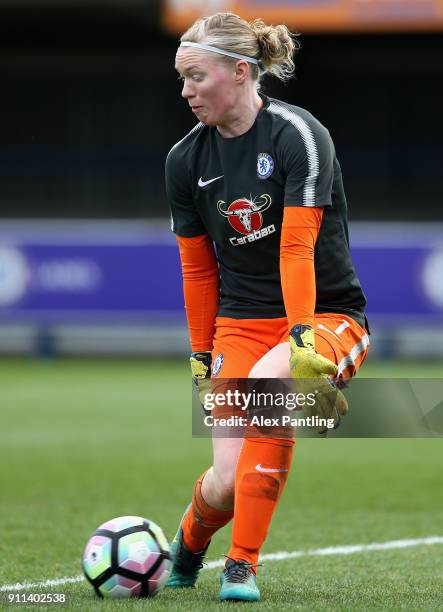 Hedvig Lindahl of Chelsea warms up during the WSL match between Chelsea Ladies and Everton Ladies at The Cherry Red Records Stadium on January 28,...