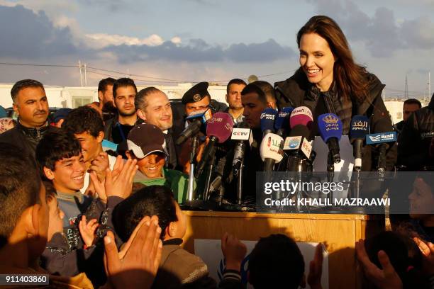 United Nations refugee agency special envoy Angelina Jolie holds a press conference during a visit to Jordan's Zaatari camp for Syrian refugees on...