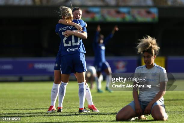 Jonna Andersson of Chelsea celebrates with her team after she scores her sides first goal during the WSL match between Chelsea Ladies and Everton...