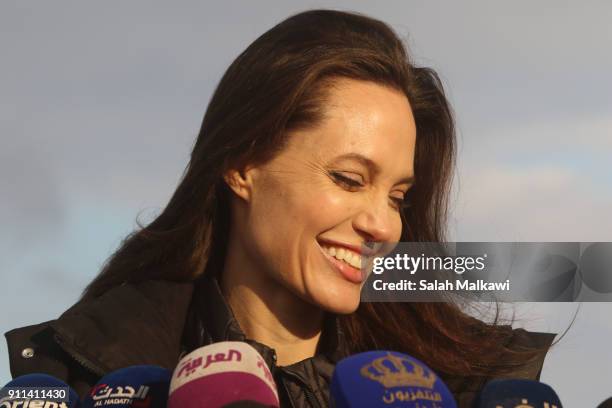 Special envoy of the U.N. Refugee agency and movie star Angelina Jolie holds a press conference at the Zaatari camp for Syrian refugees on January...