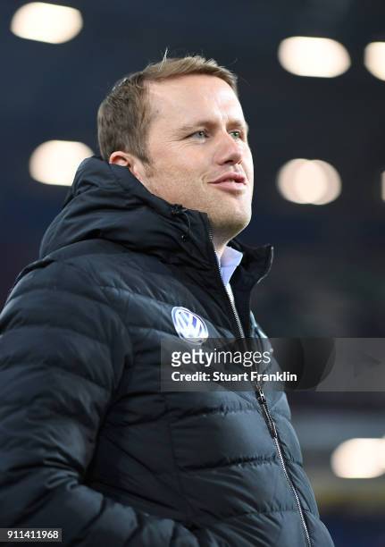 Olaf Rebbe, manager of Wolfsburg looks on during the Bundesliga match between Hannover 96 and VfL Wolfsburg at HDI-Arena on January 28, 2018 in...