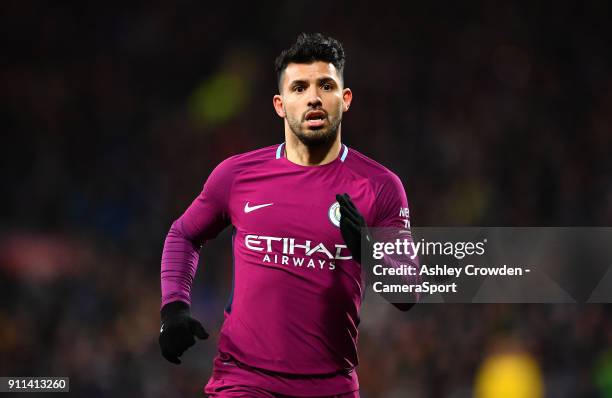 Manchester City's Sergio Aguero during The Emirates FA Cup Fourth Round match between Cardiff City and Manchester City at Cardiff City Stadium on...