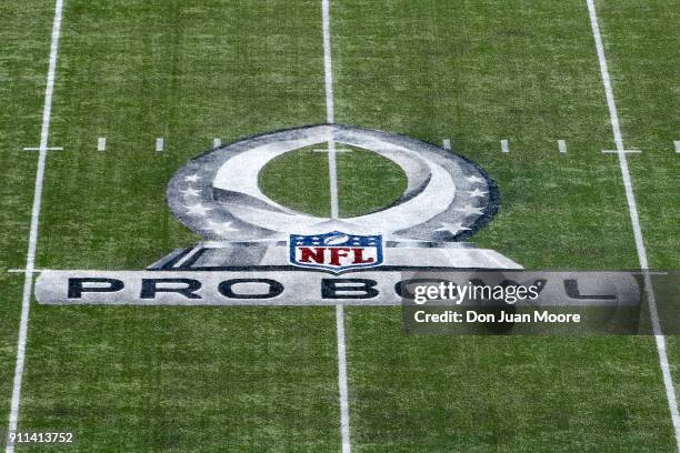 General view of the Pro Bowl Logo on the field at Camping World Stadium before the start of 2018 Pro Bowl Game between the AFC Team against the NFC...